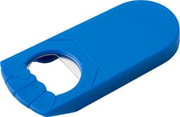 A blue plastic bottle opener with a circular opening for caps and a sleek design. It features a logo.