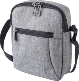 A grey polyester shoulder bag with a front zip pocket and an adjustable strap. It has a logo on the front.