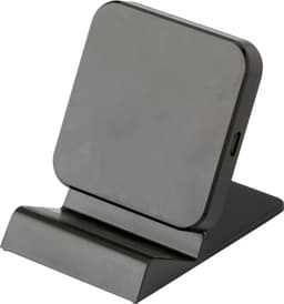 A square, dark grey plastic wireless charger with an upright design and a charging port.