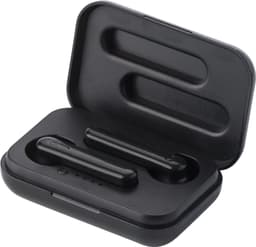 A pair of black wireless earphones housed in a compact charging case, featuring a logo on the exterior.