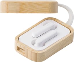 Wireless earphones in a bamboo charging case with white earbuds, featuring a simple and sleek design.