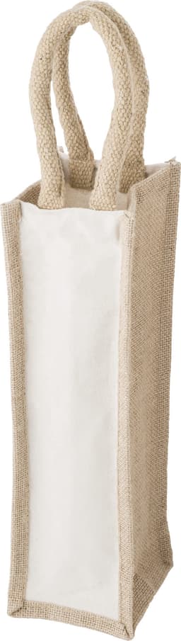 A cotton wine bag in natural tones, featuring two sturdy handles and a simple design. It has a logo on one side.