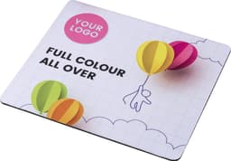 A rubber mouse mat featuring colourful balloons and a playful design, with a logo in one corner.