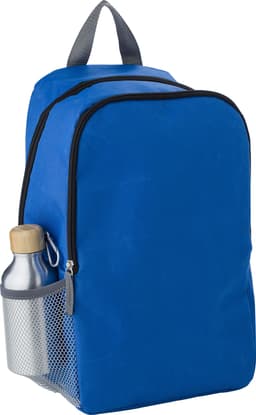 A blue polyester cooler backpack with a silver drink bottle in a mesh side pocket and a grey handle.