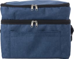 A navy blue RPET cooler bag with dual zippers and a front pocket. It has a simple design suitable for storage.