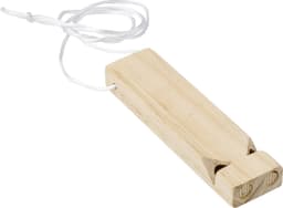 A wooden whistle with a smooth finish, featuring a white string for hanging. It has a natural colour.