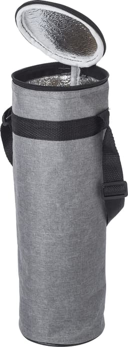A grey RPET polyester cooler bag with a silver interior and a black strap, designed to hold drink bottles.