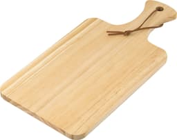 A wooden chopping board in a light pine finish, featuring a handle with a leather tie.