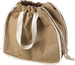 A brown Kraft paper shopping bag with white handles and a drawstring closure. It has a simple design and a logo.
