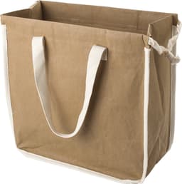 A kraft paper shopping bag in a brown hue with white handles, featuring a spacious design.