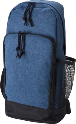A polyester (600D) cross shoulder bag in blue with a black bottom and a side mesh pocket. It features a branded logo.