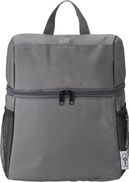 A grey cooler backpack with a zippered front and mesh side pockets, featuring a sturdy top handle.