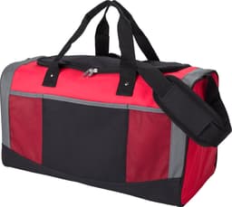 A red and black 600D polyester duffle bag with a shoulder strap and mesh sides, featuring a logo.