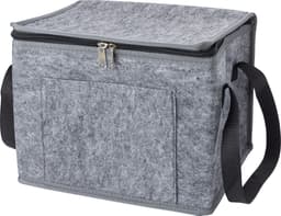 A grey RPET felt cooler bag with a zip closure and side handle, featuring a front pocket and a rectangular shape.