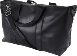 A black leather duffle bag with dual handles and a detachable shoulder strap, featuring a logo.