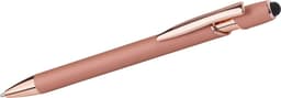 A metal pen in rose gold with a smooth finish and a clip, featuring a black stylus tip.