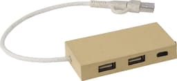 A beige USB hub made from aluminium and recycled paper, featuring three USB ports and a connecting cable.
