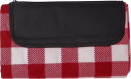 A foldable polar fleece blanket in red and white checkered pattern, secured with a black fabric cover.