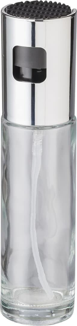 A glass oil spray dispenser in clear glass with a silver chrome top. It features a spray nozzle for easy dispensing.