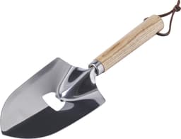A stainless steel garden scoop with a wooden handle and a leather strap for easy hanging. Features a shiny metallic finish.