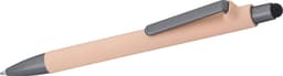 A stylus pen in a soft peach colour with a grey clip and tip, featuring a logo on the barrel.