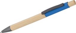 A bamboo ballpen with a blue grip and grey clip, featuring a natural bamboo barrel.