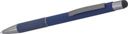 A blue aluminium ballpoint pen with a textured grip and stylus tip, featuring a silver clip and accents.