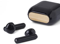 Black wireless earphones with a wooden charging case, featuring two earbuds in a sleek design.
