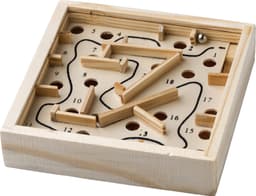 A wooden patience game featuring a square wooden frame with a ball and various obstacles in natural wood tones.