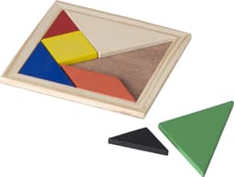 A wooden intelligence game featuring various geometric pieces in red, blue, yellow, green, black, and natural wood tones.