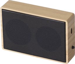 A bamboo wireless speaker with a black mesh front and side ports, featuring a minimalistic design.