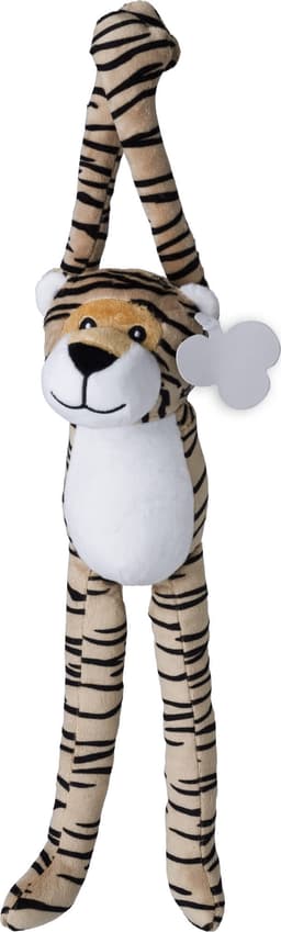 A plush tiger toy named Skylar, featuring tan and white colours with black stripes, and an attached tag.