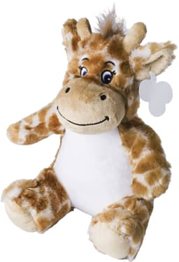 A plush toy giraffe in shades of brown and cream with a cheerful expression and soft fabric.