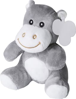 A plush toy hippo named Eliana in grey and white, featuring a smiling face and a tag.