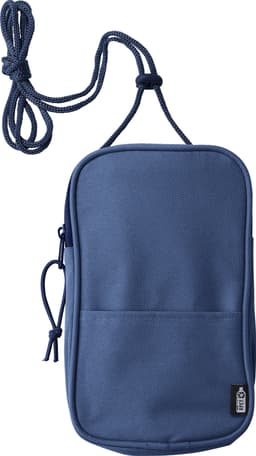 A blue cross shoulder bag with a textured finish, featuring a logo and an adjustable strap.