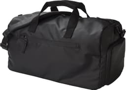 A black polyester duffle bag with handles and a shoulder strap, featuring a zippered pocket.