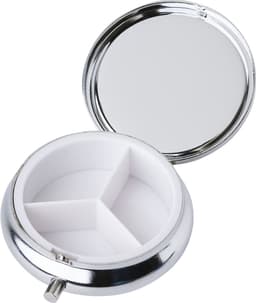 A silver iron pill box with a mirrored lid and three inner compartments for organising pills.