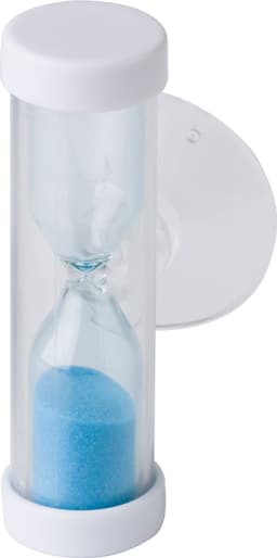 A glass hourglass with a white frame and blue sand, designed for decorative use in homeware.