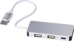 A silver recycled aluminium USB hub with two USB ports and a connecting cable. It has a simple, sleek design.