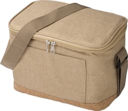 A cooler bag in sage with a textured finish, featuring a brown base and a detachable shoulder strap.