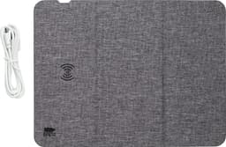 A grey rPET wireless fast charger mouse mat with a charging cable, featuring a logo on one corner.