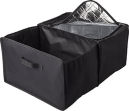 A black polyester car organiser with a silver insulated interior and two compartments. It features a handle for easy transport.