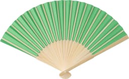 A bamboo hand-held fan in green and cream, featuring a ribbed design and a decorative handle.