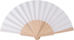 A hand-held fan with a white fabric surface and a wooden frame, featuring a circular wooden knob at the base.