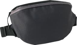 A black and grey ripstop waist bag with a zip closure and an adjustable strap. It features a logo.