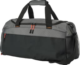 A two-tone duffle bag in grey and black with orange zip details and a mesh pocket. Features dual handles and a logo.