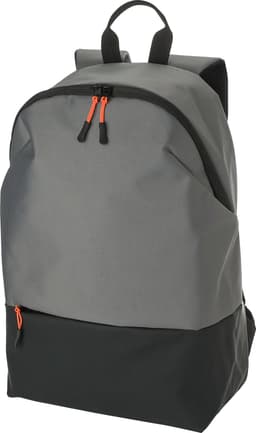 A two-tone backpack in indigo and black, featuring a sleek design with orange zippers and a logo.