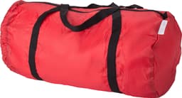 A red foldable duffle bag with black straps and a logo.