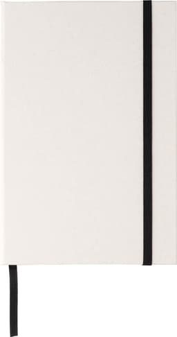 A recycled milk carton notebook in off-white, featuring a black elastic band and ribbon bookmark.