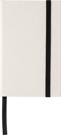 A recycled milk carton notebook in cream with a black elastic band and black ribbon marker, featuring a subtle texture.